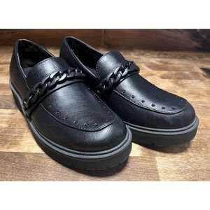 Report Hayden Black Platform Loafers‎ Faux Leather Chunky Chain Women's Size 7.5